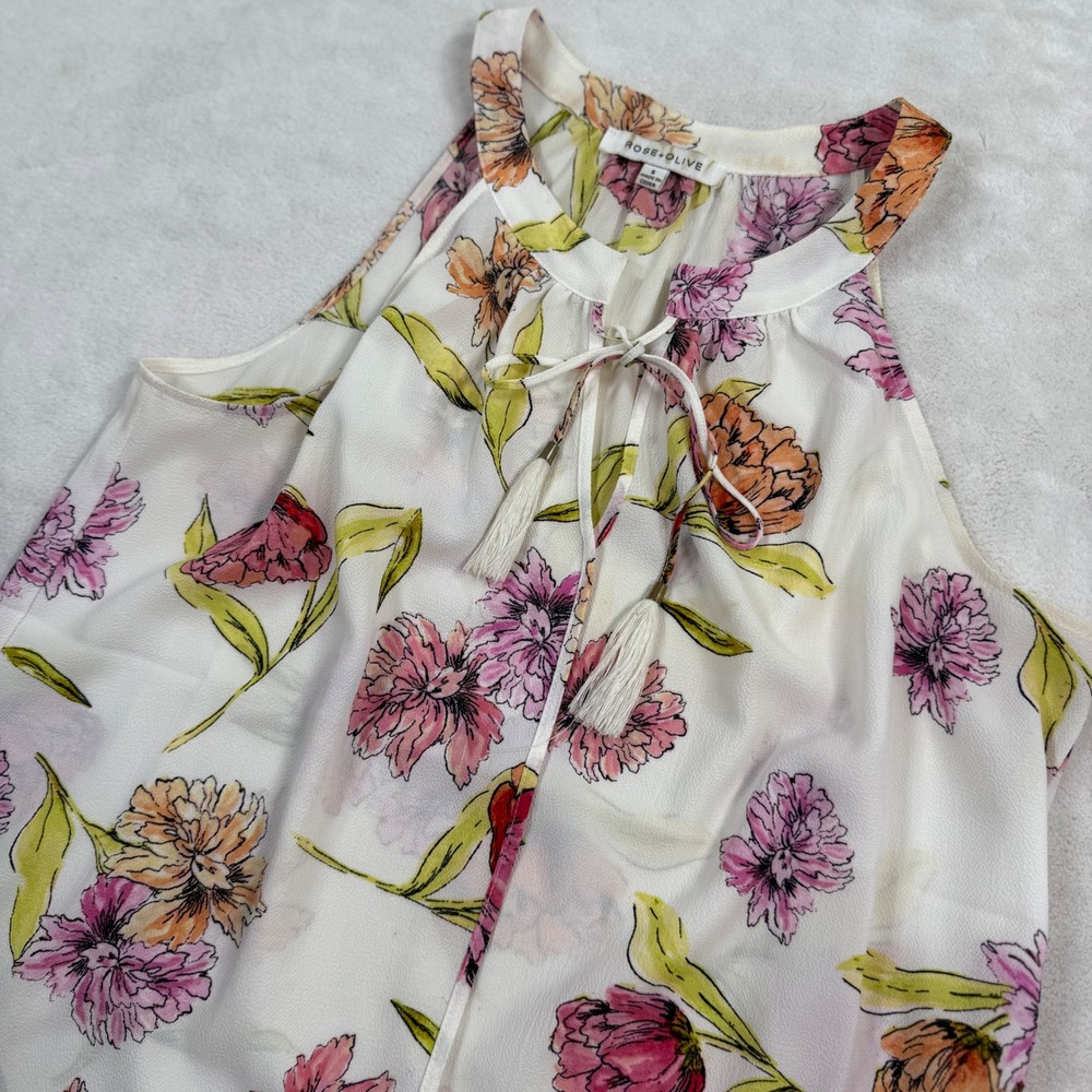 Rose + Olive Womens Small Floral Halter Blouse White Pink Tassel Tie Neck Top
